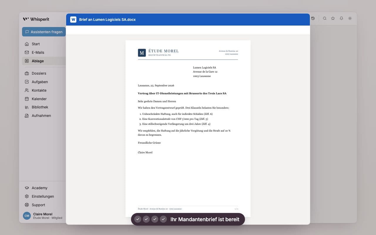 Klientenbrief auf dem Briefkopf der Kanzlei, nach einem Export mit einem Klick aus Whisperit in Word geöffnet