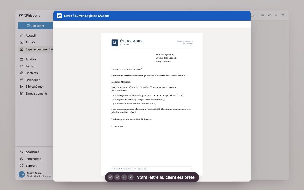 Lettre au client sur le papier à en-tête de l'étude, ouverte dans Word après un export en un clic depuis Whisperit