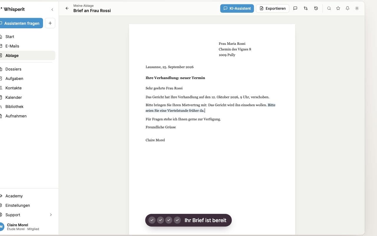In Whisperit diktierter Brief an eine Klientin, bereit im Dokumenteditor