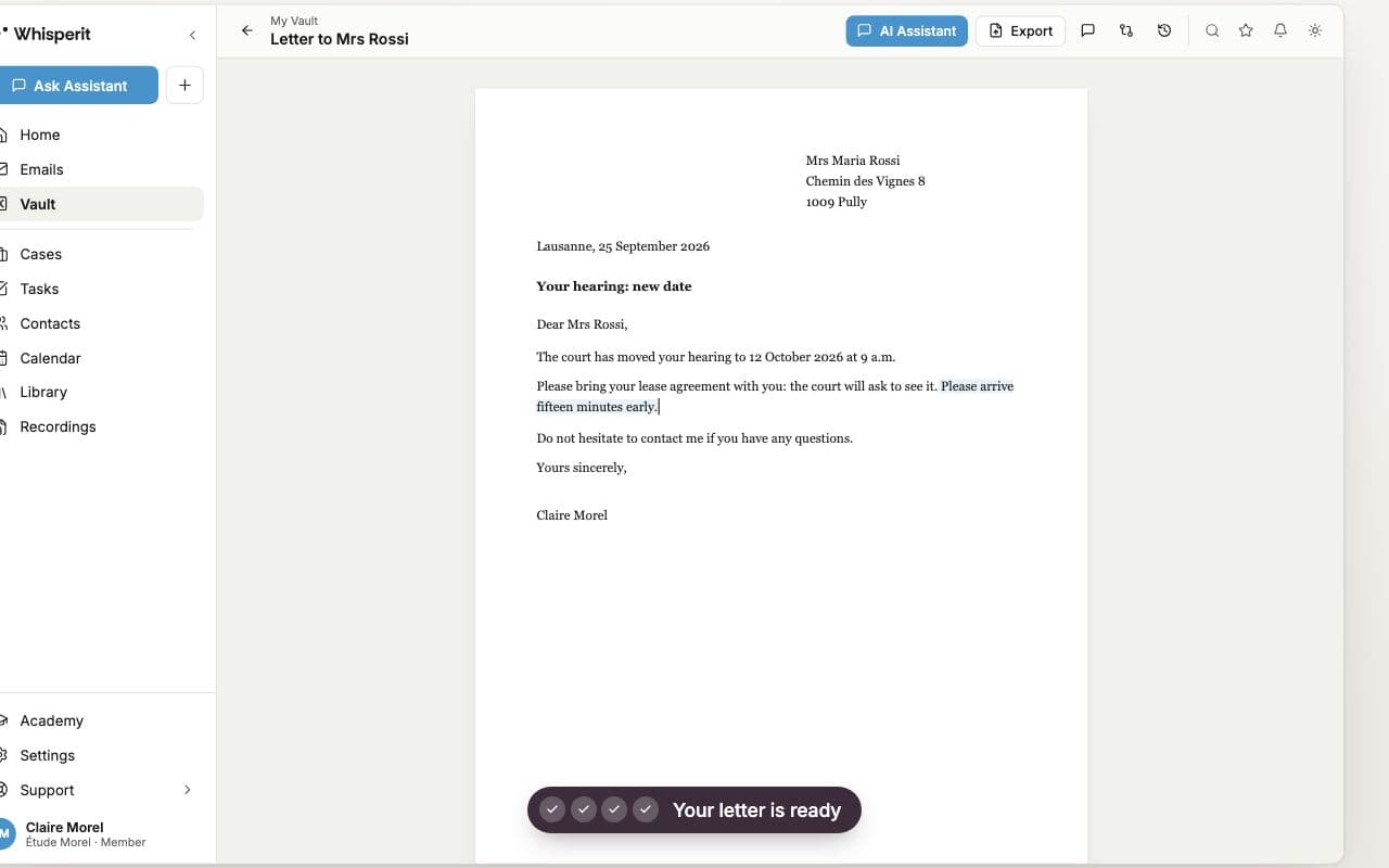 Letter to a client dictated in Whisperit, ready in the document editor