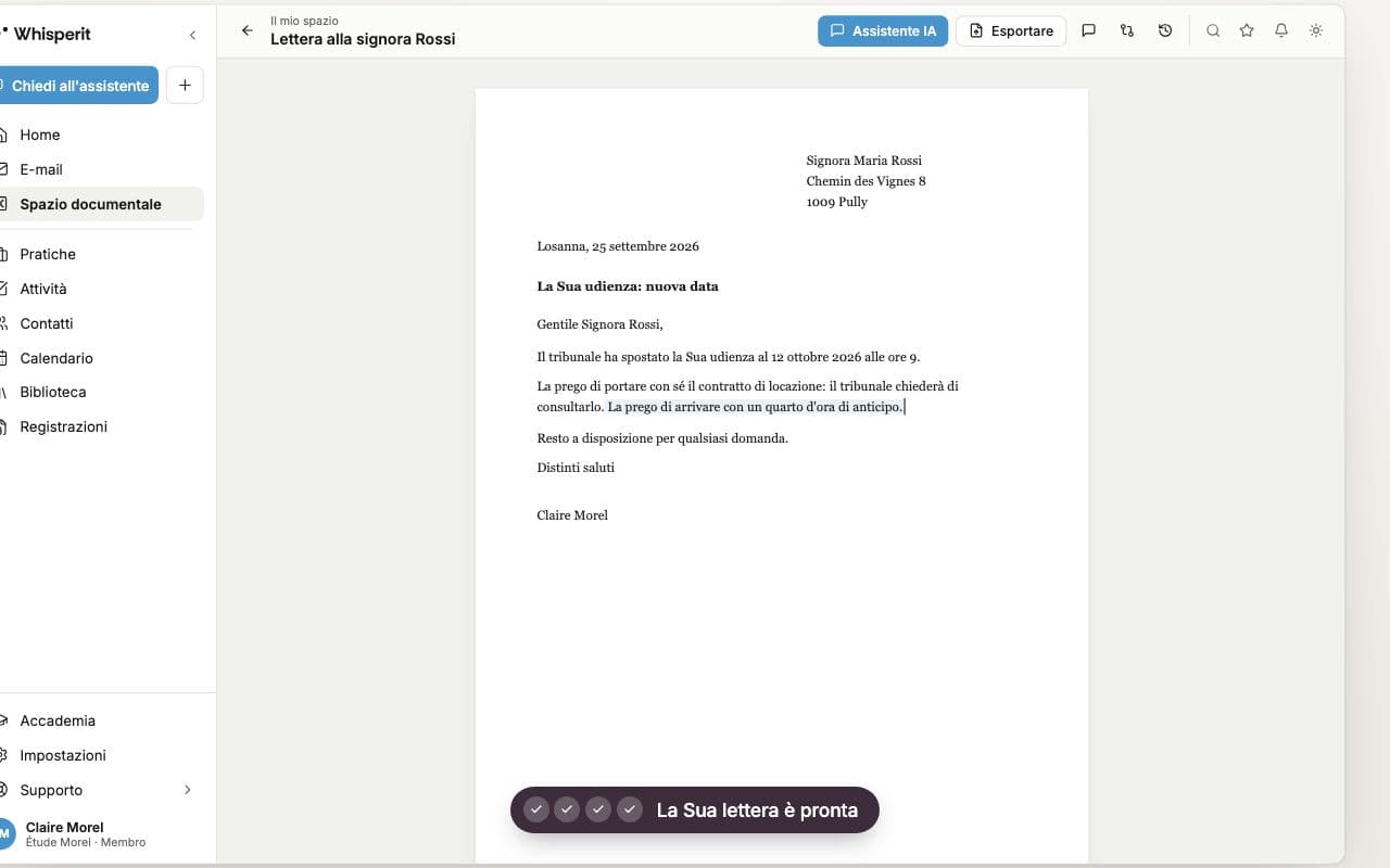 Lettera a una cliente dettata in Whisperit, pronta nell'editor di documenti