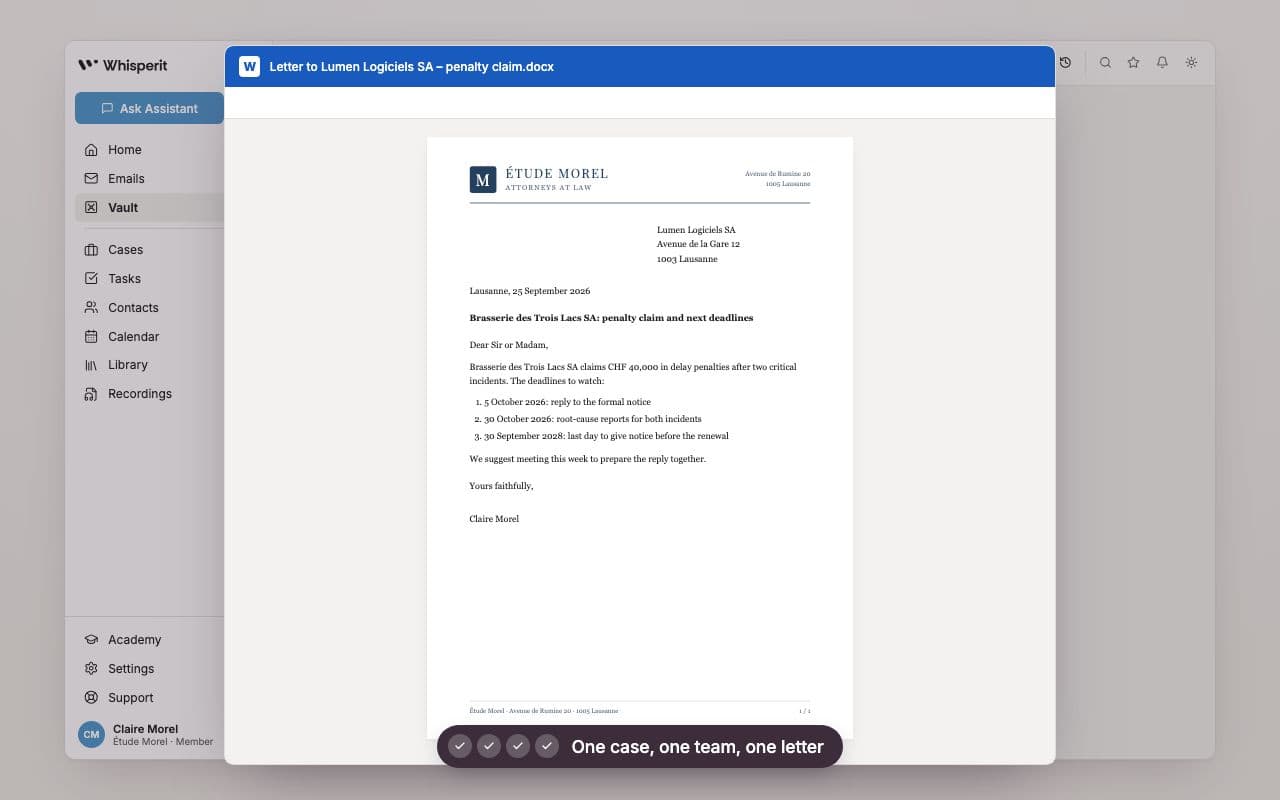 Letter on the firm's letterhead, opened in Word, drafted from a case the team shares in Whisperit