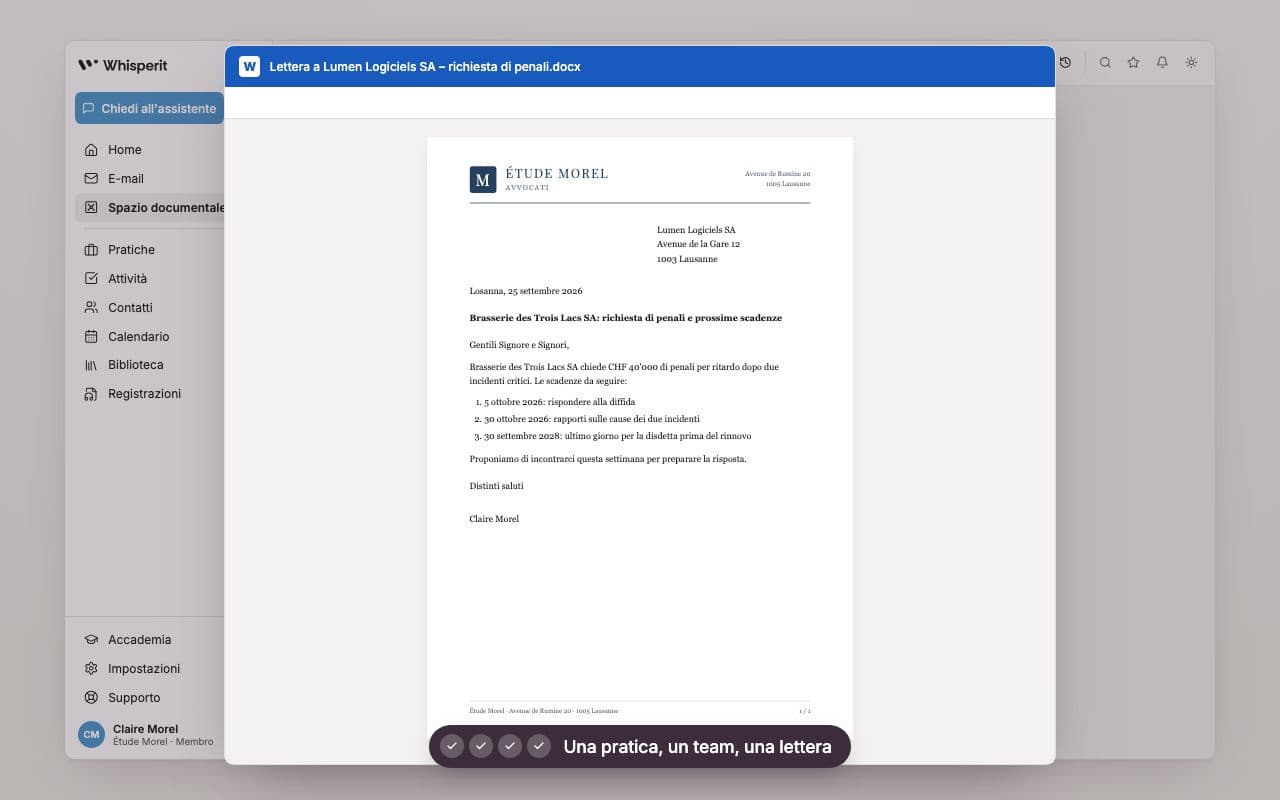 Lettera su carta intestata dello studio, aperta in Word, redatta a partire da un incarto condiviso dal team in Whisperit