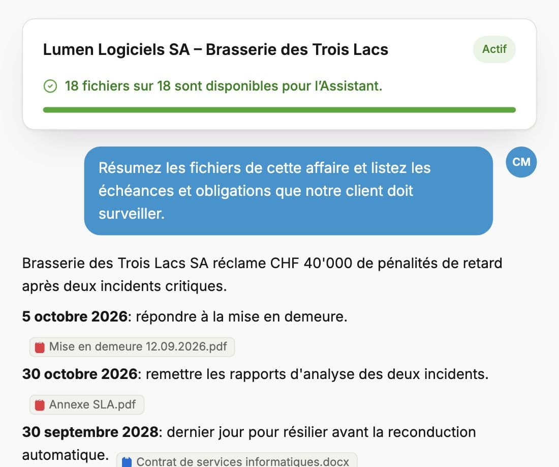 Synthèse d'un dossier par Whisperit : la prétention et les délais à surveiller, chacun avec son document source