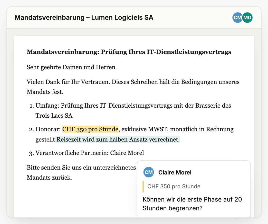 Mandatsvereinbarung, von zwei Kollegen in Whisperit bearbeitet, mit einem Kommentar zum Honorar