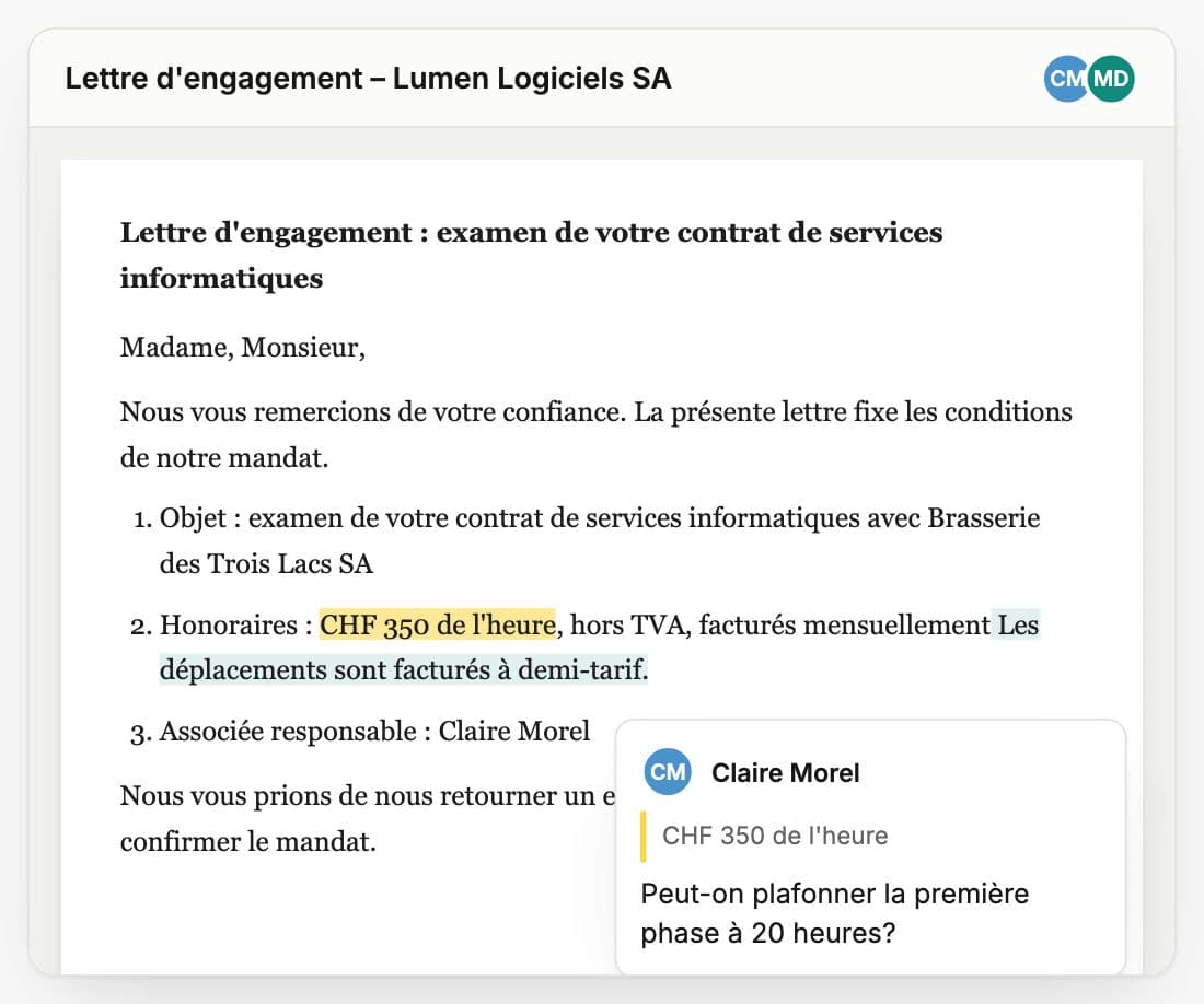Lettre d'engagement modifiée par deux collègues dans Whisperit, avec un commentaire sur les honoraires