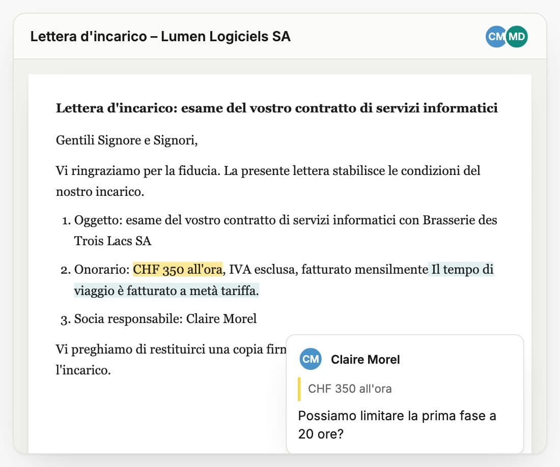 Lettera d'incarico modificata da due colleghi in Whisperit, con un commento sull'onorario