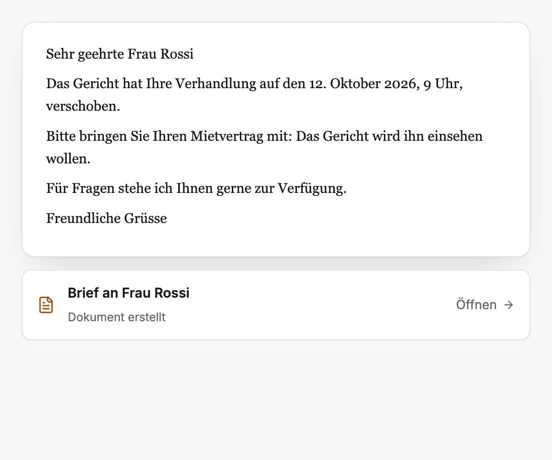 Per Sprache diktierter Brief an eine Klientin, von Whisperit ausgeschrieben