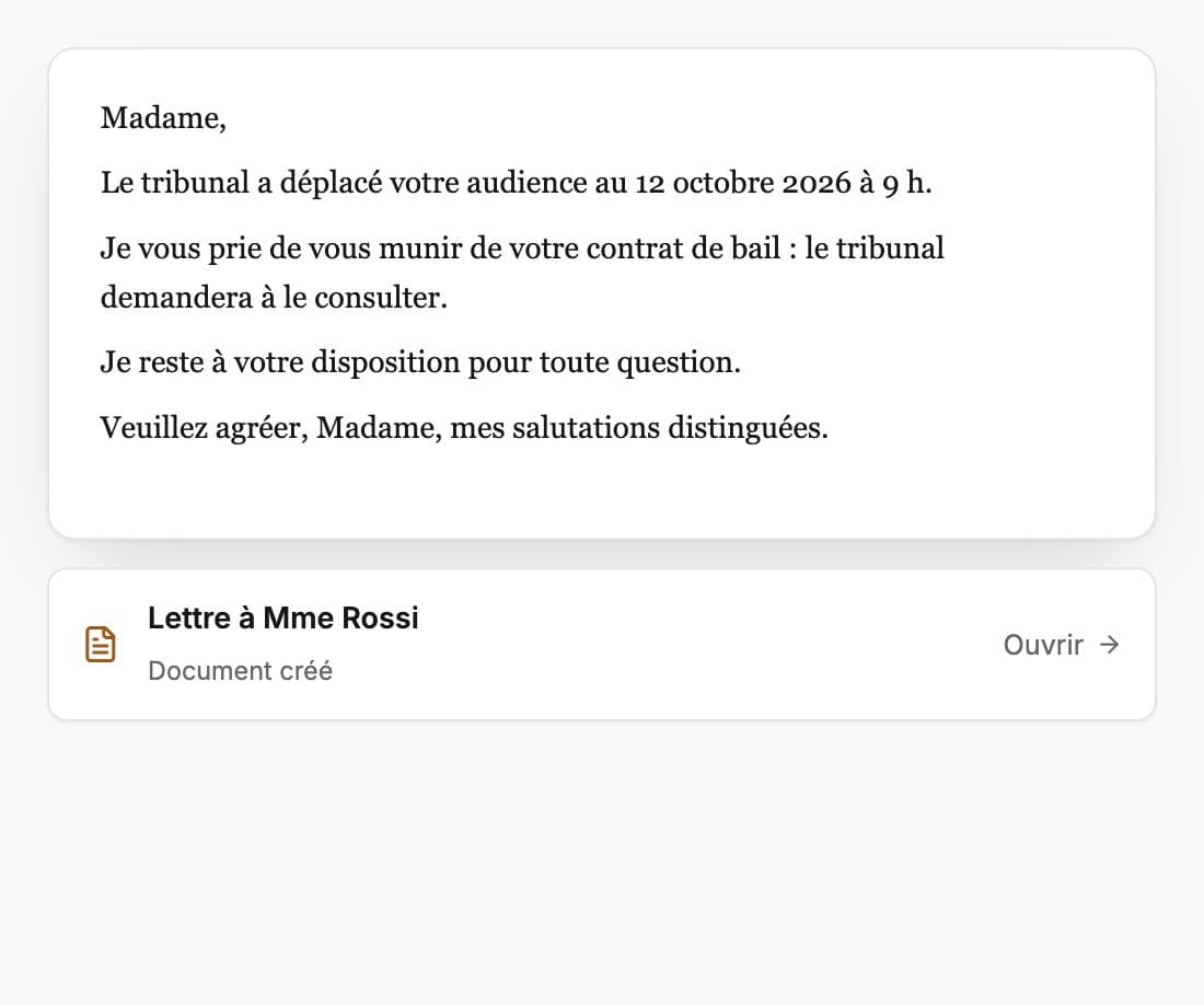 Lettre à une cliente dictée à la voix et retranscrite par Whisperit