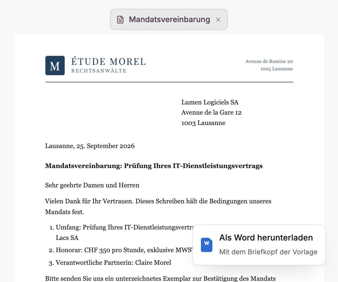 Mandatsvereinbarung auf dem Briefkopf der Kanzlei, mit der Option zum Herunterladen als Word