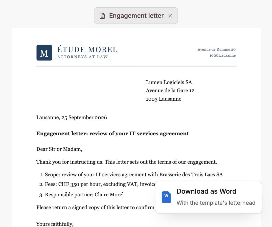 Engagement letter on the firm's letterhead, with the Download as Word option