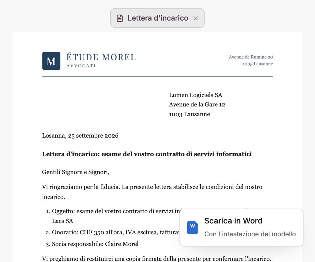 Lettera d'incarico su carta intestata dello studio, con l'opzione di download in formato Word