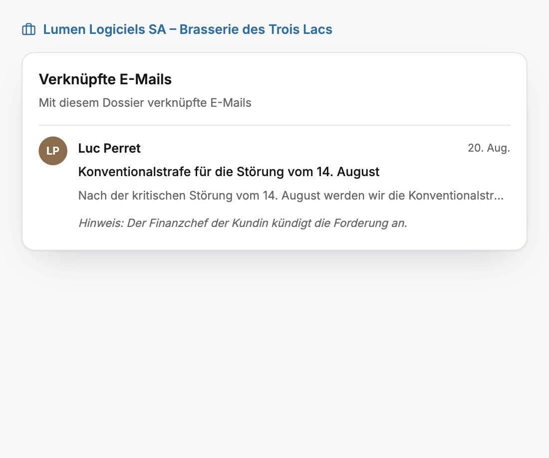 E-Mail einer Klientin, in Whisperit mit einem Dossier verknüpft und unter dessen verknüpften E-Mails aufgeführt