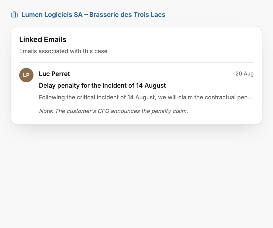 Email from a client linked to a case in Whisperit, listed under the case's linked emails