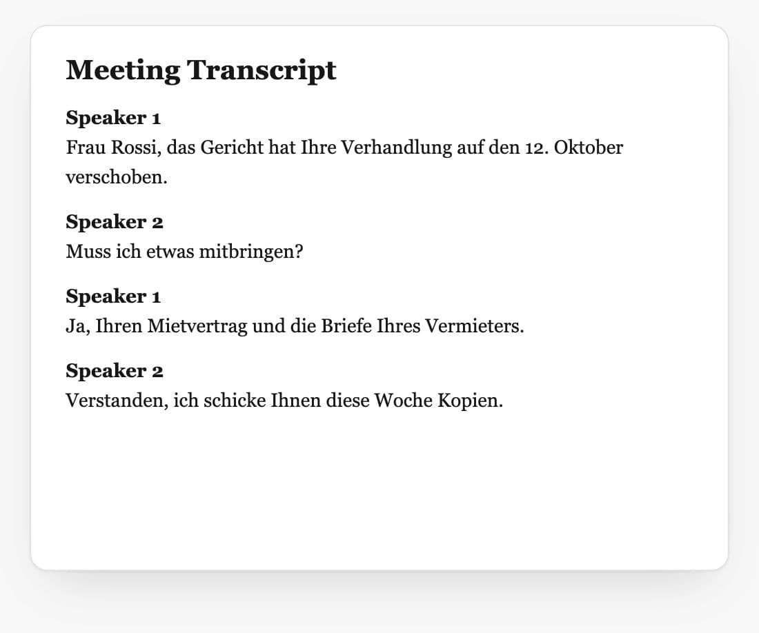Besprechungsprotokoll, in Whisperit aus einer Aufnahme erstellt, mit getrennten Sprechern