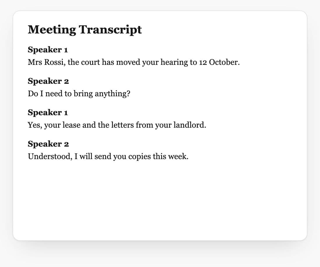 Meeting transcript created in Whisperit from a recording, with each speaker separated