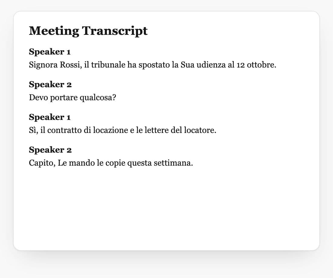 Trascrizione di una riunione creata in Whisperit da una registrazione, con ogni interlocutore distinto