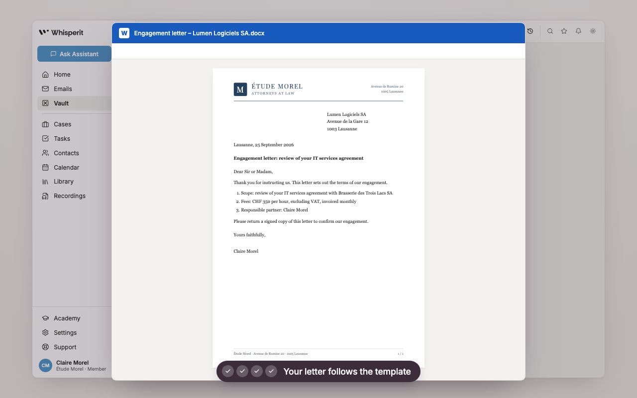 Engagement letter drafted from the firm's template in Whisperit, opened in Word on the letterhead