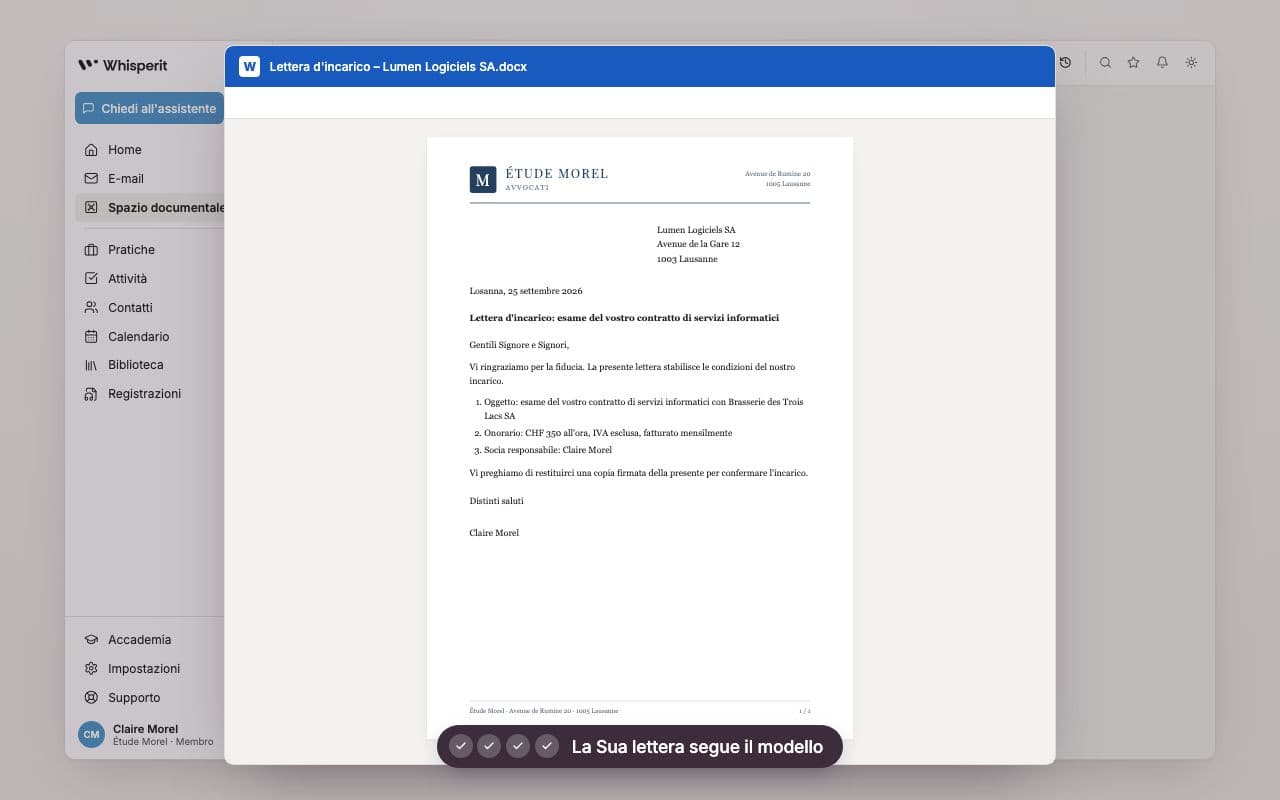 Lettera d'incarico redatta in Whisperit dal modello dello studio, aperta in Word su carta intestata